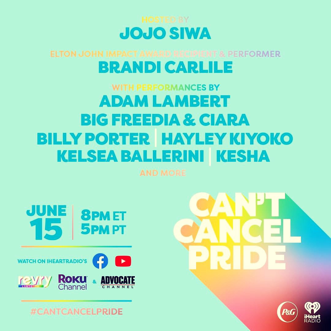 webetrees99's tweet photo. Event: iHeartRadio and P&amp;G’s Can’t Cancel Pride
How to Watch: Livestream TONIGHT at 8PM ET / 5PM PT on iHeartRadio’s Facebook and iHeartRadio’s YouTube pages, https://t.co/qxdqVzLg0t, Revry, The Roku Channel, and The Advocate Channel. #CantCancelPride 🏳️‍🌈 https://t.co/rZBQsCN0KY