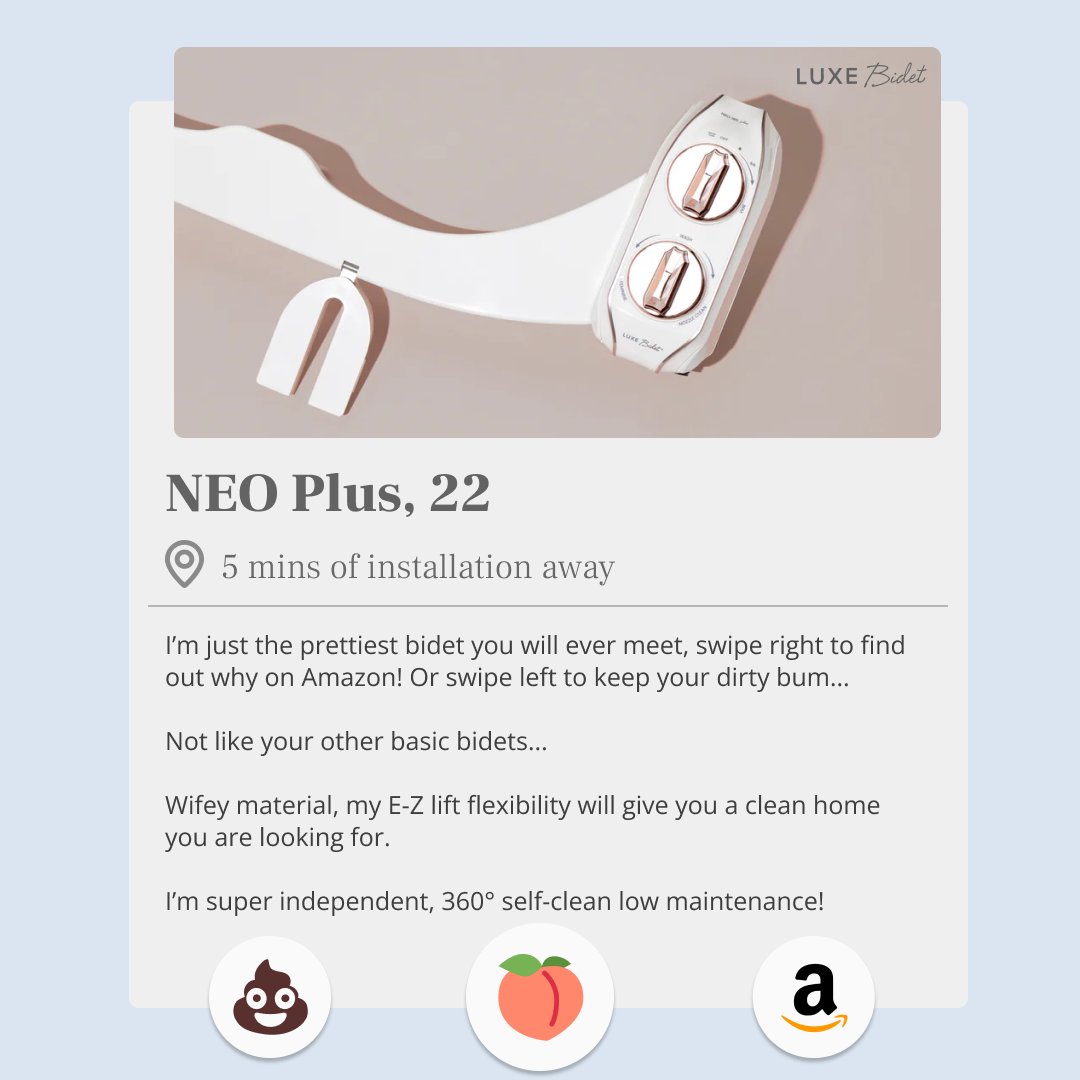 luxebidet's tweet photo. 💦 If NEO Plus was a girl, this would be her Tinder. Go off gurl 🫰

#luxebidet #bidetlife #amazonshopping #easyinstallation #neoplus #ezlift #selfclean #hygienehacks #bathroomupgrade https://t.co/ATrcL2GFkP