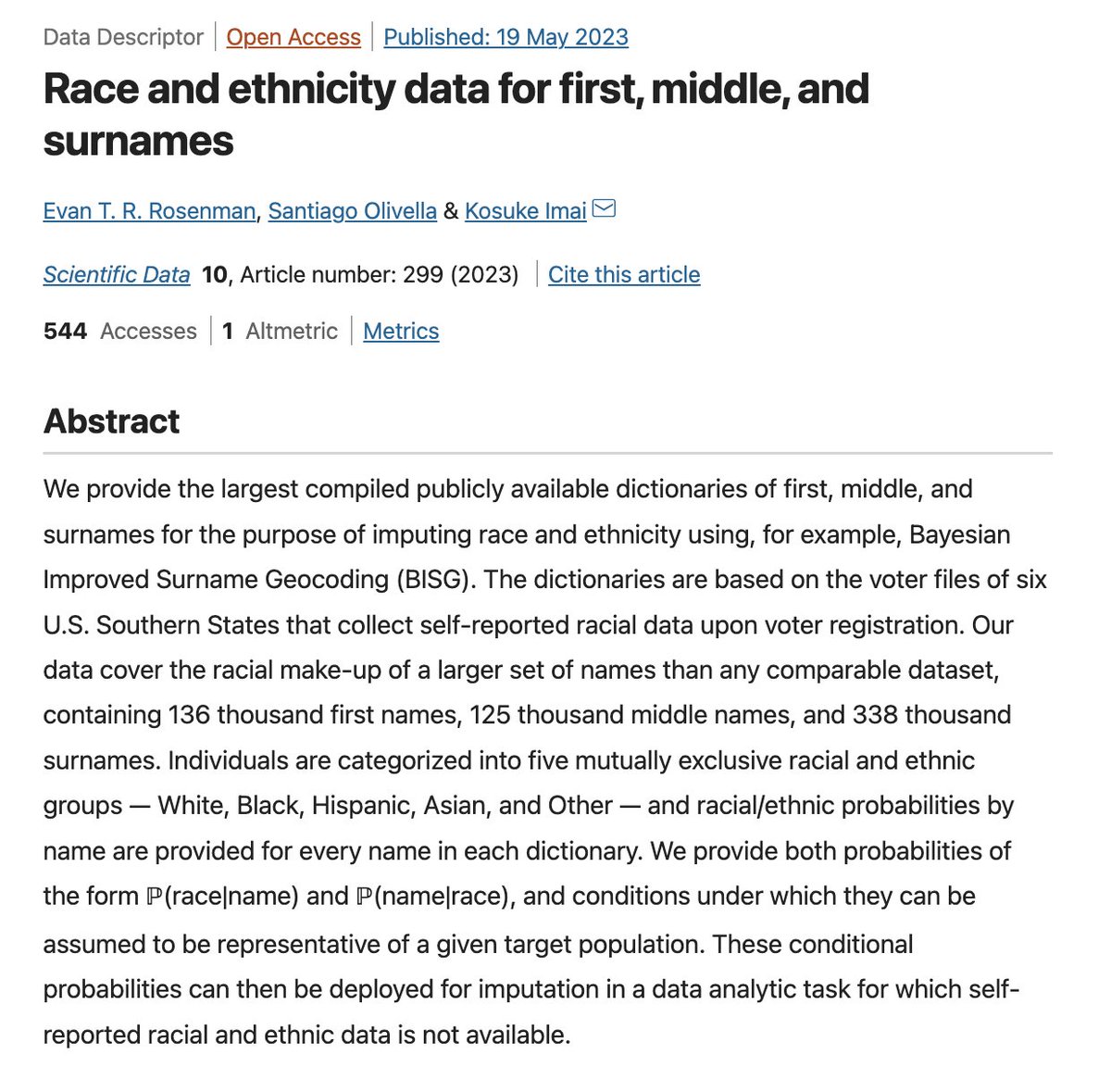 JohnHolbein1's tweet photo. This new paper is important.

How do individual names in the U.S. breakdown by race?

"Our data cover the racial make-up of a larger set of names than any comparable dataset, containing 136k first names, 125k middle names, and 338k surnames."

https://t.co/uvhdRhUb9D https://t.co/f4FsytGwzF