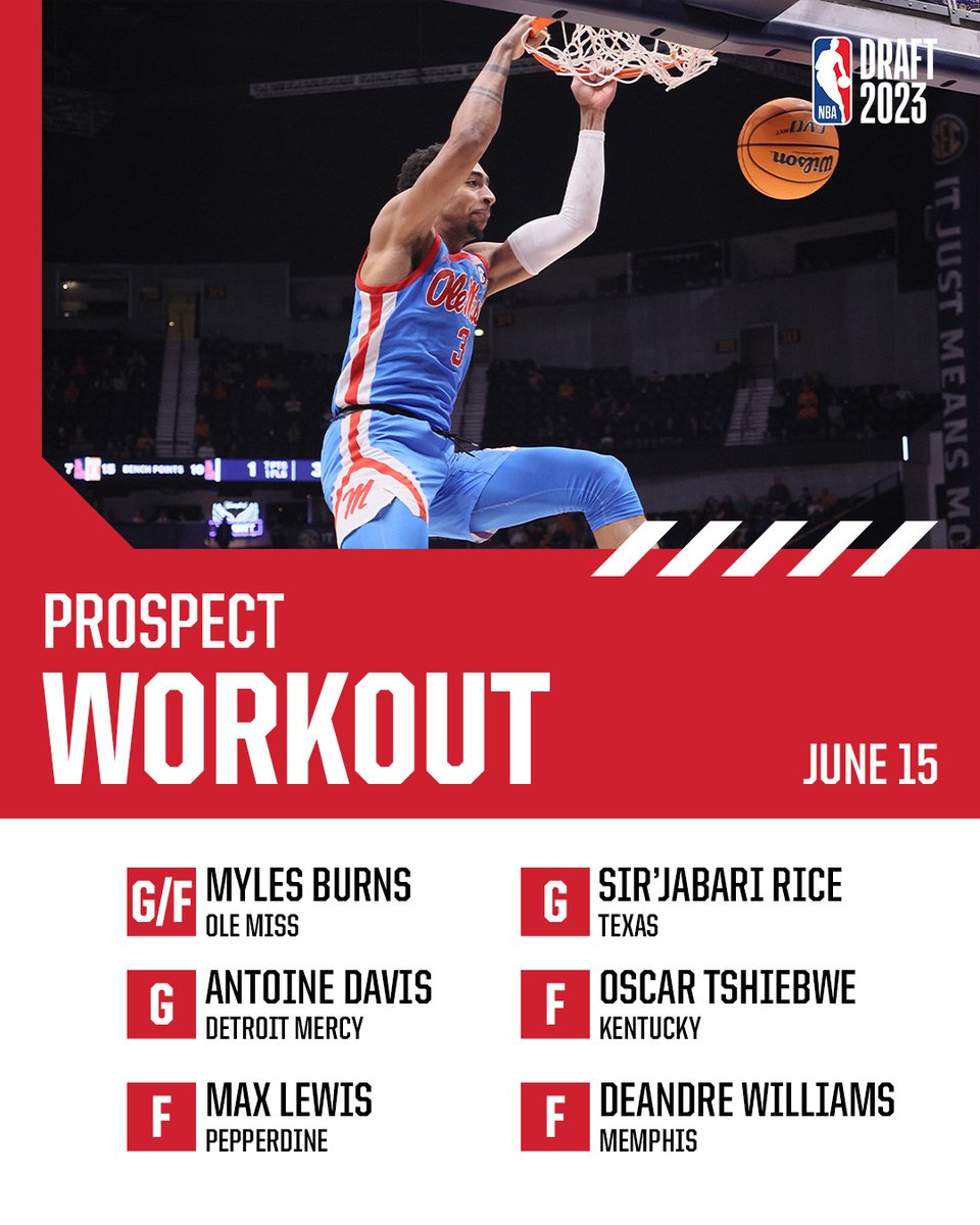 6/15 pre-draft workouts in PDX      

👤: Myles Burns (Ole Miss)
👤: Antoine Davis (Detroit Mercy)
👤: Max Lewis (Pepperdine)
👤: Sir’Jabari Rice (Texas)
👤: Oscar Tshiebwe (Kentucky)
👤: DeAndre Williams (Memphis)