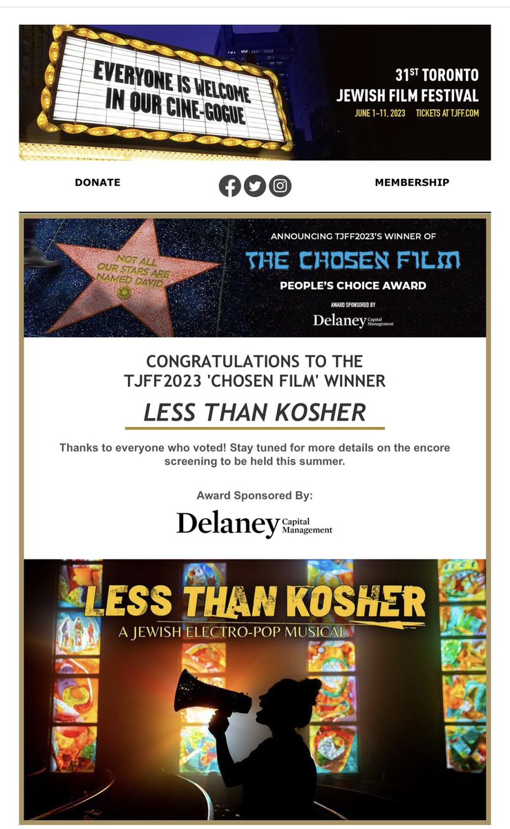 Major congrats to the #lessthankoshertv team for winning the @tjffgrams 'CHOSEN FILM' award. 

Don’t miss out - you can catch Less Than Kosher in Canada on HighballTV: 
👉 highballtv.com/products/less-…

#lessthankosher #torontojewishfilmfestival #judeopop #vivaciouscantorviv #tjff