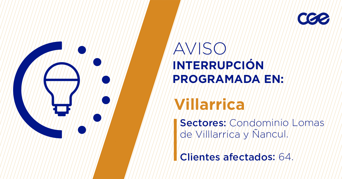 CGE_Energia's tweet image. Para mejorar la calidad del suministro de nuestros clientes de #Villarrica este viernes, entre 10:00 y 16:00 hrs, se realizará una #InterrupciónProgramada (sectores en la imagen 👇) debido a trabajos de mejoras. Esto afectará a 64 clientes. Recuerda desconectar tus artefactos 🔌