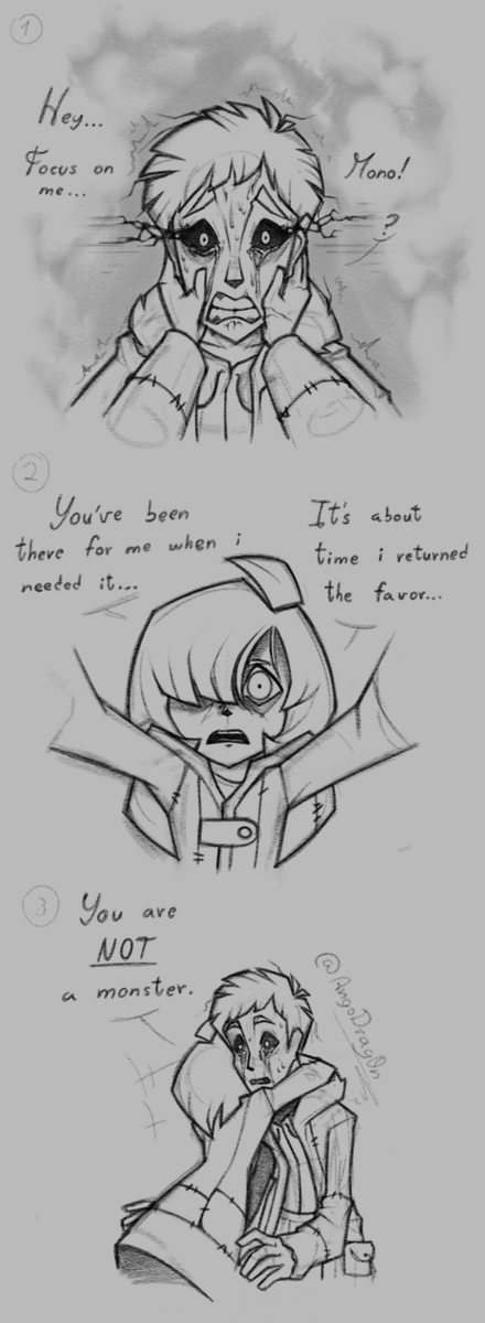 AngoDrag0n's tweet image. How i imagine Mono's face expose going in SYN when it inevitably comes (I doubt @fervidlizard won't make Mono suffer with it so here dbdben). 

Yes, i am the biggest Mono x Six shipper indeed.  

#LittleNightmares #Littlenightmares2 #littlenightmaresfanart #SYN #comic