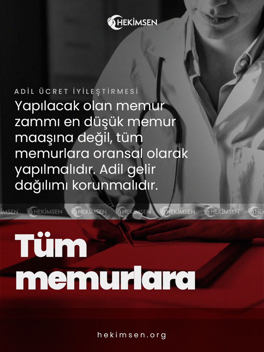 Cumhurbaşkanımızın belirttiği gibi en düşük devlet memuru maaşının 22000 lira seviyesine çıkarılacağından bahisle tüm memurlara yapılacak olan zammın oransal olarak yapılmasını istiyoruz.
Yalnız Değilsiniz
#ArtıkHekimsenVar

#MemurHakkınıAlamıyor