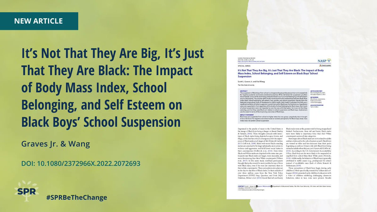 Results from the National Longitudinal Study of Adolescent to Adult Health (Add Health) indicated that BMI was a significant predictor of school suspension overall, but not for Black boys. NASP members, start here: buff.ly/3paNT3t Read Here: buff.ly/3xePElB