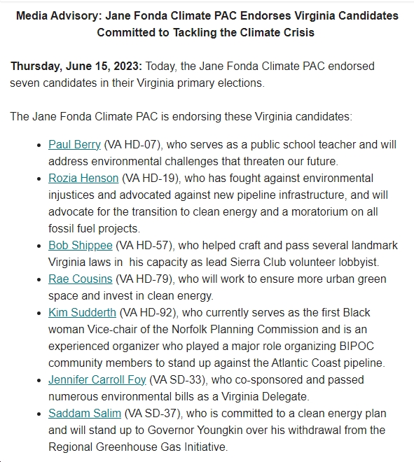 bluevirginia's tweet image. Jane Fonda Climate PAC Endorses Virginia Candidates Committed to Tackling the Climate Crisis bluevirginia.us/2023/06/thursd…