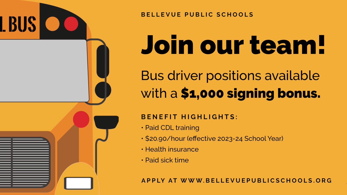 Come join our Team ~ openings for bus drivers at Bellevue Public Schools! Apply today bellevuene.tedk12.com/hire/ViewJob.a… #ChampionsForChildren #bpsne #TeamBPS
