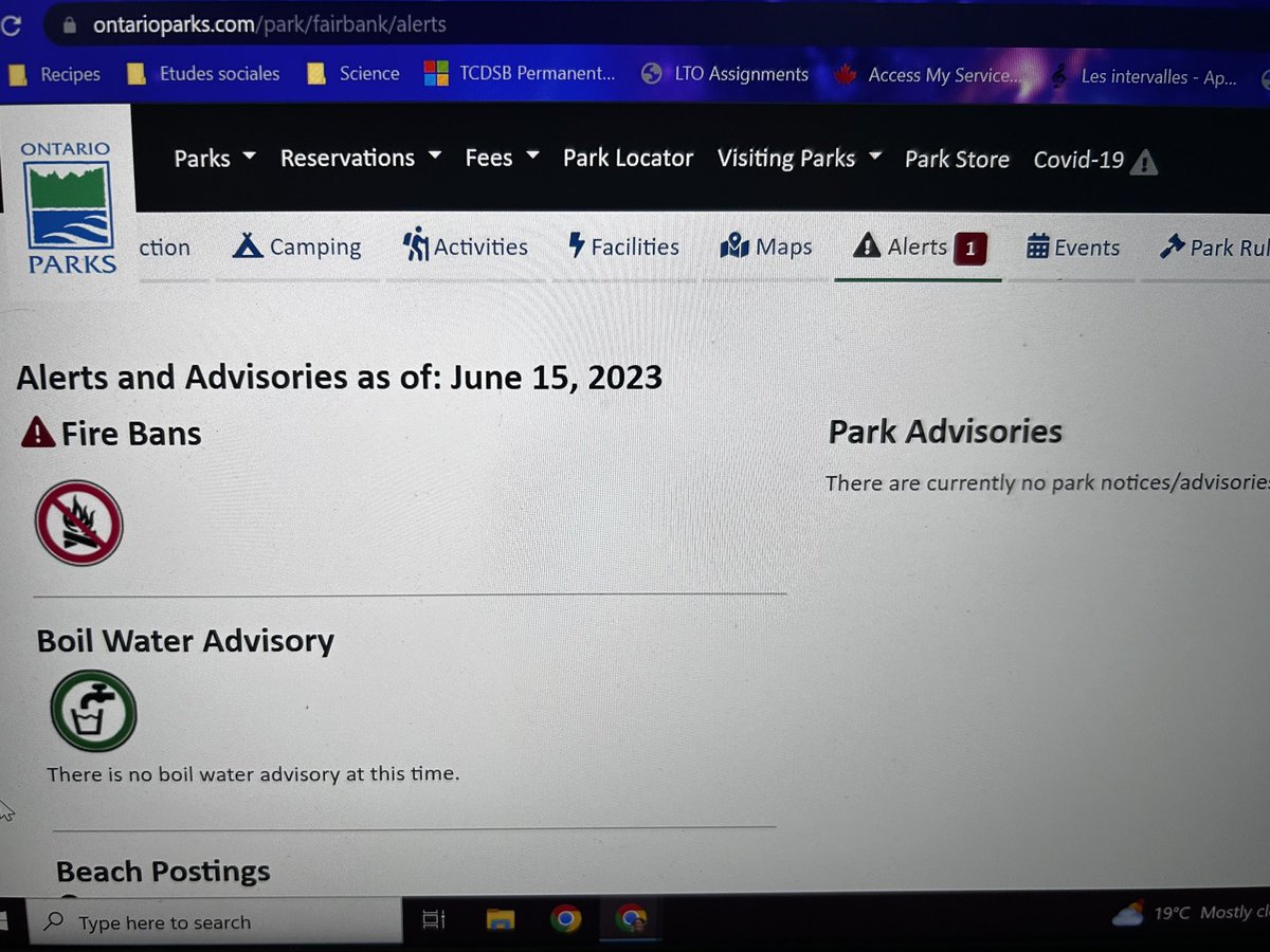 gmullally's tweet photo. Firebans need clearer information that this. I can easily see that the Greater Sudbury area has a fireban (which I believe includes Fairbank park), but this page seems unnecessarily vague and confusing. 
#fireban #camping #Ontario #SafetyFirst 

@OntarioParks https://t.co/RLlgGE3heE