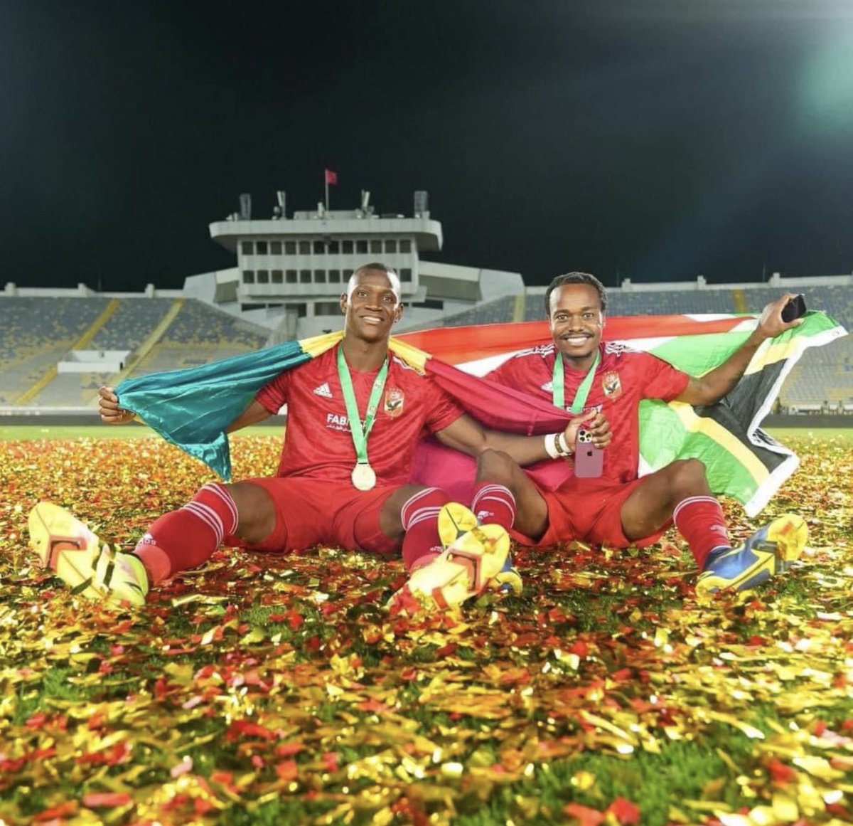 A beautiful moment with <a href="/percymuzitau22/">Percy Muzi Tau</a> and Aliou Dieng after the CAF Champions League final. Great to work so wonderfully together with Abdel Malick Koudize for <a href="/CAF_Online/">CAF Online</a> on this massive game 🙌🏾 #CAFCL
