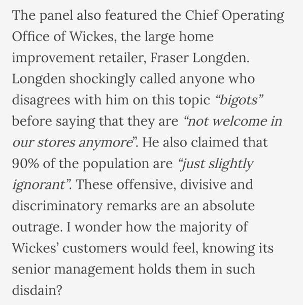 The CEO of <a href="/Wickes/">WICKES</a> thinks women like me - who believe female-only spaces/sports are necessary - are ‘bigots’ and not welcome in his store. My dad (retired builder who still does all my decorating, tiling etc) spends about £15k a year there. I’m just about to WhatsApp him…