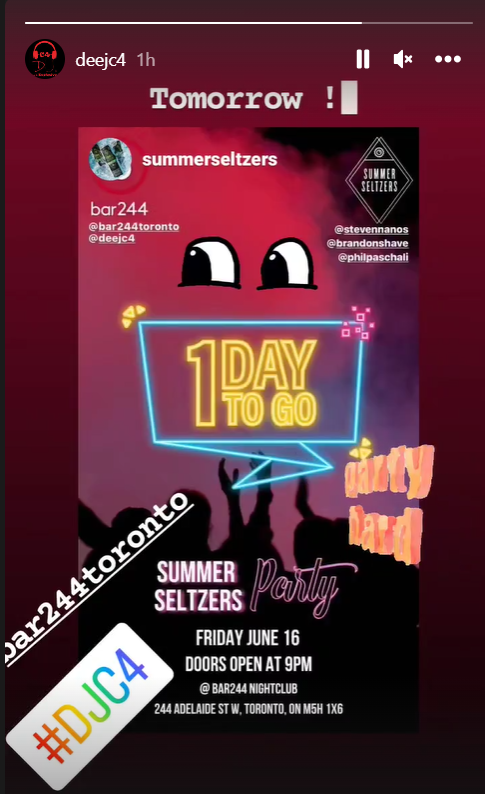 DJayC4's tweet photo. Once again will be at @bar244toronto spinning some open format fire ! 9PM to 2AM/Friday the 16th.
This time in collaboration with @SummerSeltzers !
Come say hi if you are in the neighborhood.
#DJC4 #Summerseltzers #Bar244 #Top40 #Oldskool #Hiphop #Afrobeats #Dancehall #Pop https://t.co/RHDLzw8gQB