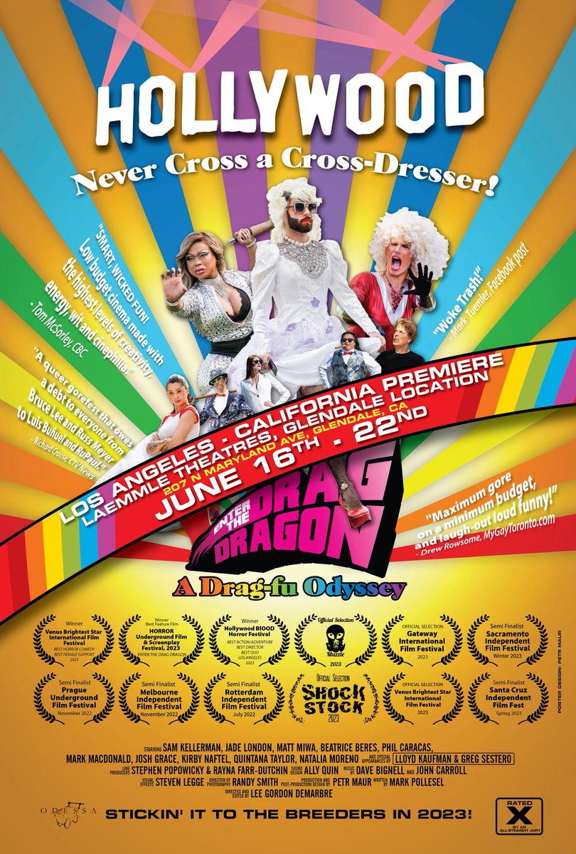 Our multi-award winning Drag-fu epic is getting a week-long Los Angeles Premiere Engagement. "Enter The Drag Dragon" will be playing at the amazing Laemmle Glendale, from June 16th till the 22nd. Tickets here: laemmle.com/film/enter-dra… I will be at every screening, see you in LA!