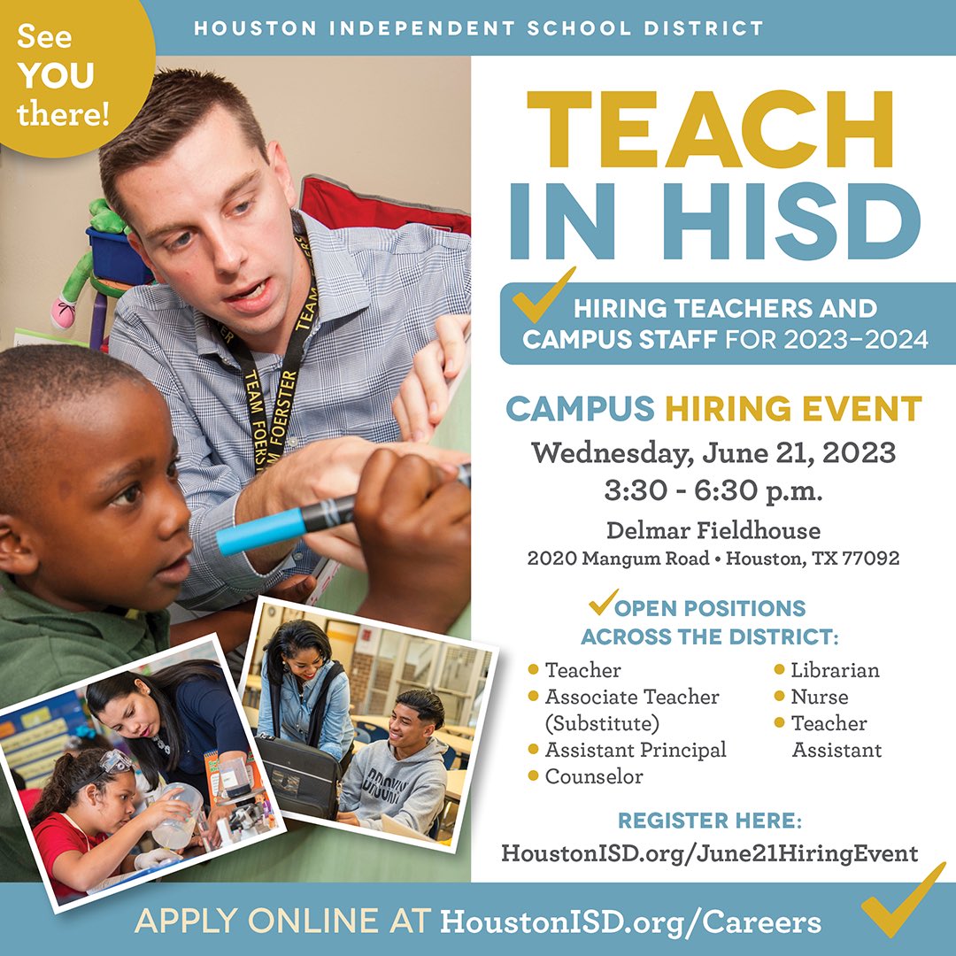 HoustonISD's tweet photo. HISD JOB FAIR! 
🗓️ June 21, 2023
🕛 3:30pm - 6:30pm
📍 Delmar Fieldhouse 
🧑‍💻 Register Now! https://t.co/wwBuWojXZG https://t.co/biIlcJmfW8