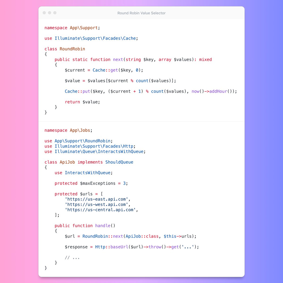 If you're calling a rate limited API that supports multiple regions, you can implement a simple round robin approach to calling the API, allowing you to multiply the allowed rate limits by the number of supported regions. Pair this with Laravel's maxExceptions in a job, and you…