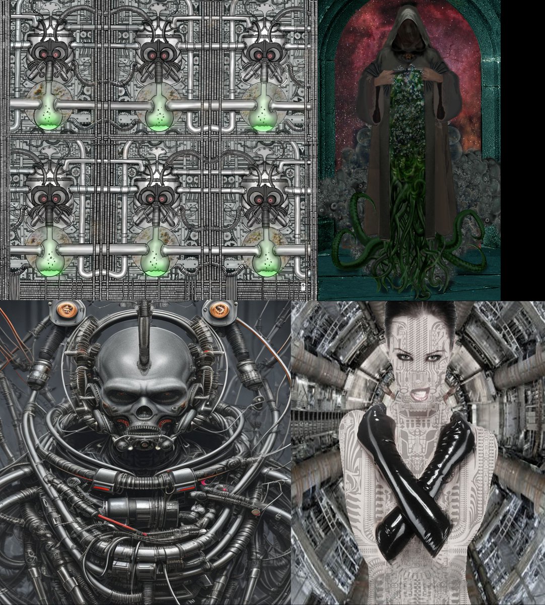 gemanicus's tweet image. top left Hand illustrated LP cover art for @Chronobotband
top right CGI 'Umr At-Tawil CNFT for @Horrocubes collectables available on jpgstore
bottom left AI Biomech test
bottom right AI/CGI (google image grab)composite test
#albumcoverart #HorrorArt #CNFTProject #AIart  #art