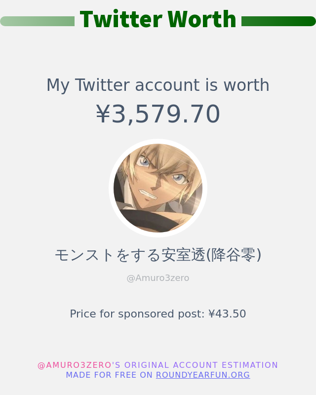 Amuro3zero's tweet photo. 私のTwitterの価値は : ¥3,579.70

➡️ https://t.co/k9EY5ot4pk https://t.co/e33bCrW5Sx