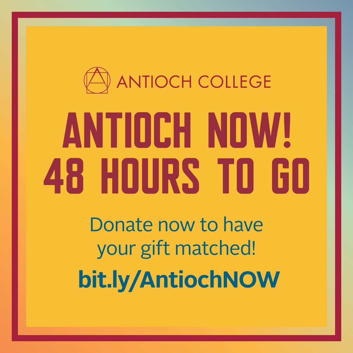 We have 48 hours to meet a $10,000 matching gift opportunity! Help us secure this generous match by making a gift to support Antioch NOW. Donate at bit.ly/AntiochNOW, and like and share this post with your networks to ensure we don't leave money on the table. Thank you!