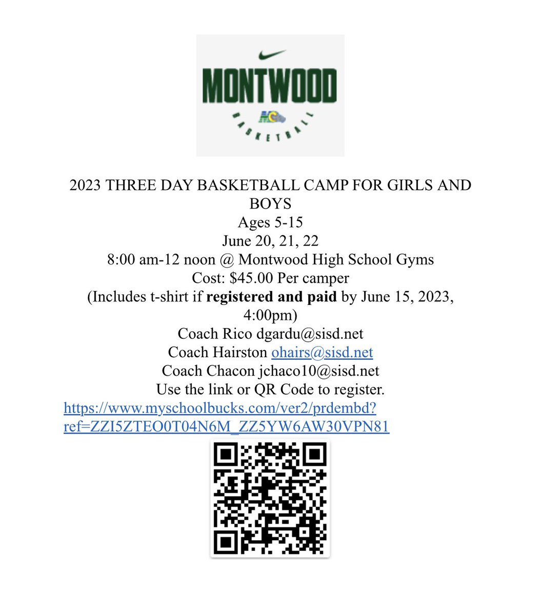 Only a few hours left to pre-register and get a camp t-shirt. Deadline to receive free t-shirt 4:00pm. Can’t wait to see you all back!!! myschoolbucks.com/ver2/prdembd?r…