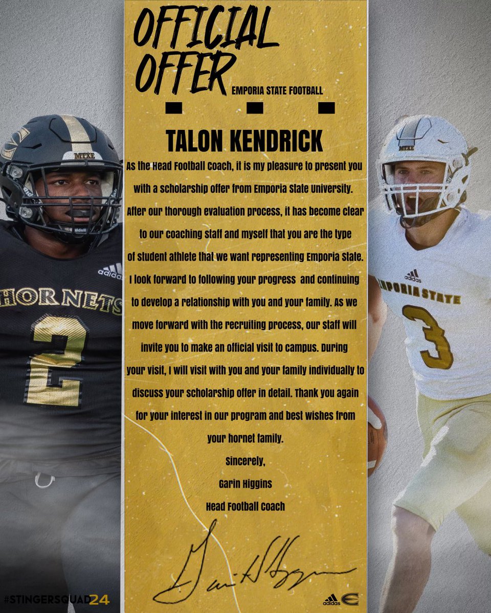 Talon Kendrick (@kendricktalon) on Twitter photo After a great conversation with <a href="/CoachGHiggins/">Coach Higgins</a>, <a href="/CoachMcDown/">Jace McDown</a>, and <a href="/CoachHarelson/">Cade Harelson</a>. I’m an excited to have received an offer from Emporia State! #stingersup
<a href="/derekrasmussen/">Derek Rasmussen</a> <a href="/chadcawood/">Chad Cawood</a> <a href="/kobes_dad_20/">Clarence Holley</a> <a href="/TuckerBarnard/">Tucker</a> After a great conversation with <a href="/CoachGHiggins/">Coach Higgins</a>, <a href="/CoachMcDown/">Jace McDown</a>, and <a href="/CoachHarelson/">Cade Harelson</a>. I’m an excited to have received an offer from Emporia State! #stingersup
<a href="/derekrasmussen/">Derek Rasmussen</a> <a href="/chadcawood/">Chad Cawood</a> <a href="/kobes_dad_20/">Clarence Holley</a> <a href="/TuckerBarnard/">Tucker</a>
