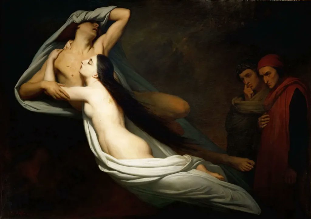 Dante and Virgil Encountering the Shades of Francesca de Rimini and Paolo in the Underworld (1855) by Ary Scheffer (Dutch-French, 1795–1858). Musée du Louvre.

Dante and the poet Virgil meeting with two souls consigned to Hell due to their adulterous affair. #TheDivineComedy