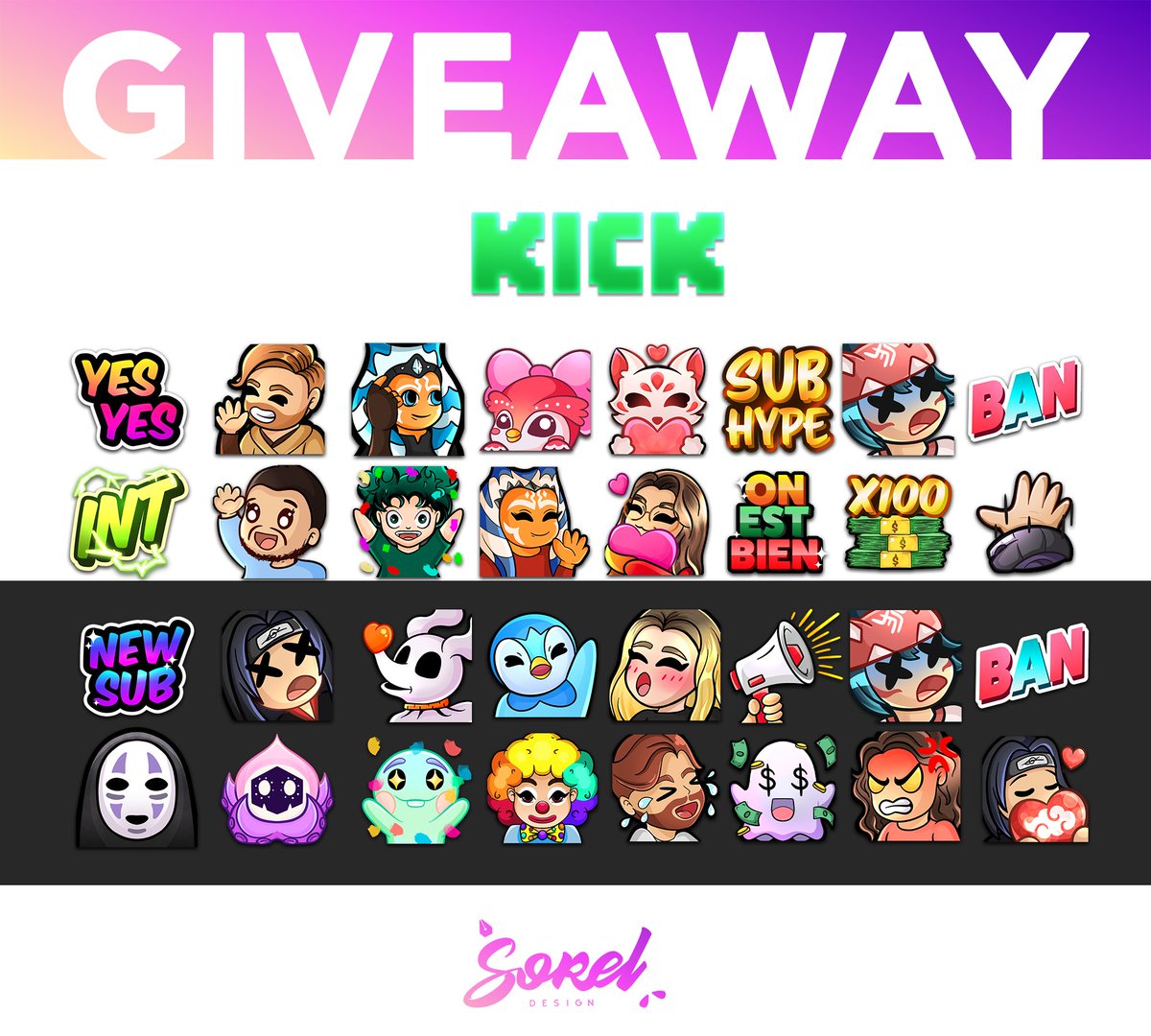 ✅ GIVEAWAY EMOTE KICK ✅

J'offre une emote personnalisée sur mesure 
Bonne Chance à tous !

Pour participer :
🌸 follow <a href="/chloe_sorel/">Chloé Organa - Sorel Design</a> 
🌸 RT ce tweet
🌸 Mentionne deux streamer Kick 

Tirage au sort le 22/ 06/23

#KickStreamers #KickStreaming #KickAffiliate #giveaway