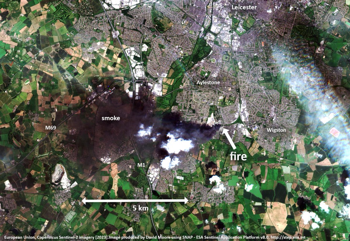 Major fire in #Leicester today captured from space by <a href="/NCEOscience/">NERC NCEO</a> scientist David Moore from Sentinel-2B #satellite. A fairly large smoke plume from the #fire can be seen, which is extending towards the M1 and M69 🔥🌍

<a href="/BBCLeicester/">BBC Leicester</a> <a href="/leicslive/">LeicestershireLive</a> <a href="/uniofleicester/">University of Leicester</a>