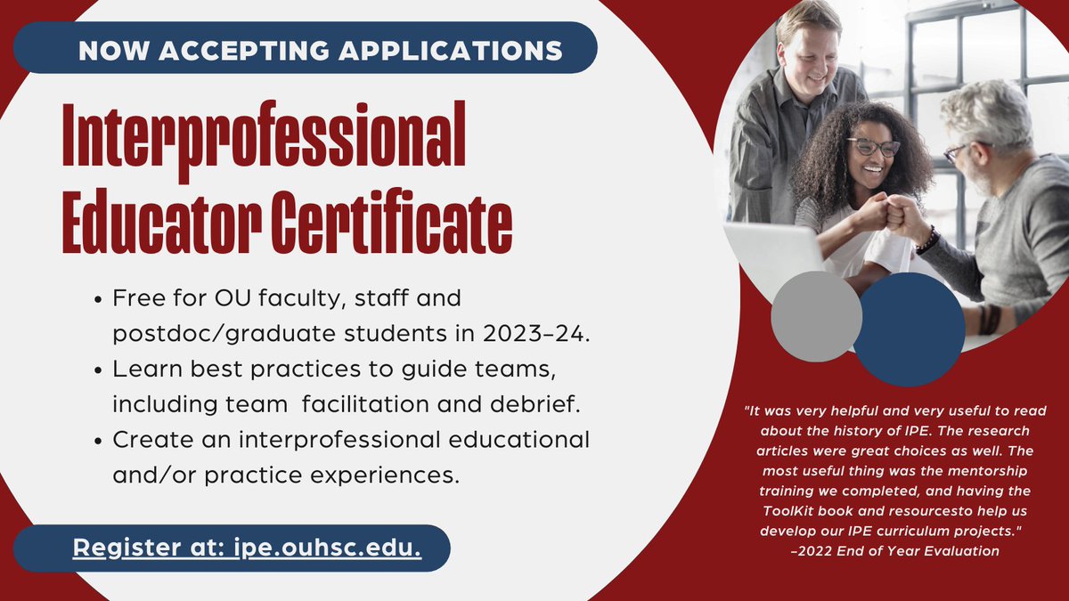 Applications are now open for the 2023-24 cohort of the Interprofessional/Interdisciplinary Facilitator/Educator Certificate Program! Visit ipe.ouhsc.edu/Faculty-Staff/… for additional details.