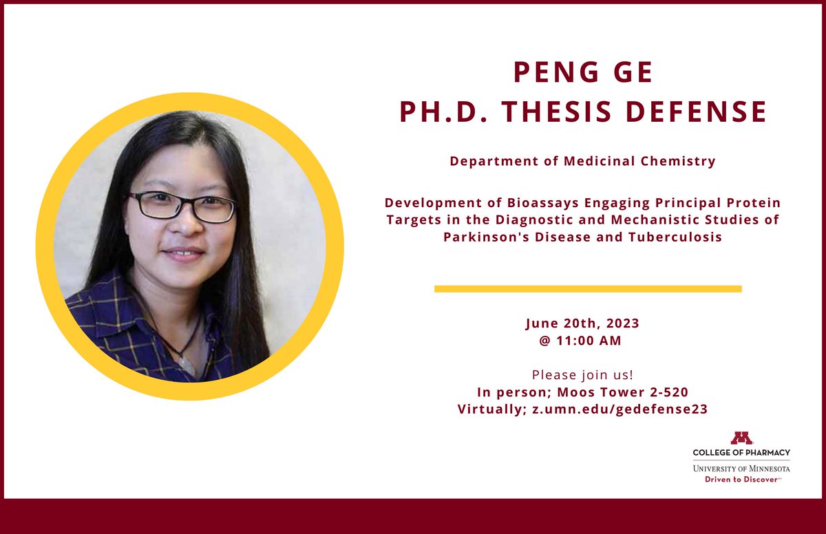 Please join us tomorrow, Tuesday June 20th, at 11am CST as Medicinal Chemistry's Peng Ge defends her PhD thesis: 'Development of Bioassays Engaging Principal Protein Targets in the Diagnostic and Mechanistic Studies of Parkinson's Diseases and Tuberculosis' Go, Peng, go!