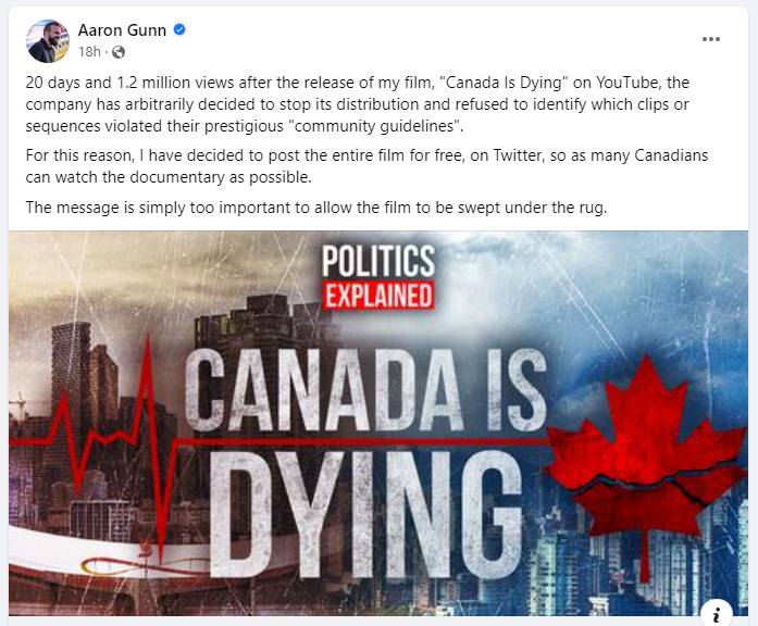 The apparent censorship of @AaronGunn's documentary is alarming, not only because I was one of the experts he interviewed, but also because his message holds immense importance for all Canadians to acknowledge.
Has the CRTC started to utilize C-11 powers to suppress criticism?