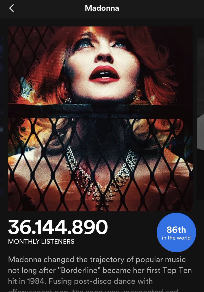 MadonnaUltimate's tweet image. Madonna #86th on Spotify GLOBAL TOP 100 artists!! #madonnacelebrationtour
