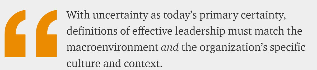 HelenBevan's tweet photo. Research is defining the "foundational qualities" needed for effective leadership into the future. Five questions to ask of leaders to probe whether these qualities are present:
1) Can you lead with a compass when there’s no map? 
2) Have you embraced ambiguity & uncertainty as a team sport?
3) Do you walk your talk?
4) Are you skilled at leadership through matrices?
5) Are you really who you say you are (as a person)? 
https://t.co/8XBH3KKCzE From @ExCoLeadership @stratandbiz