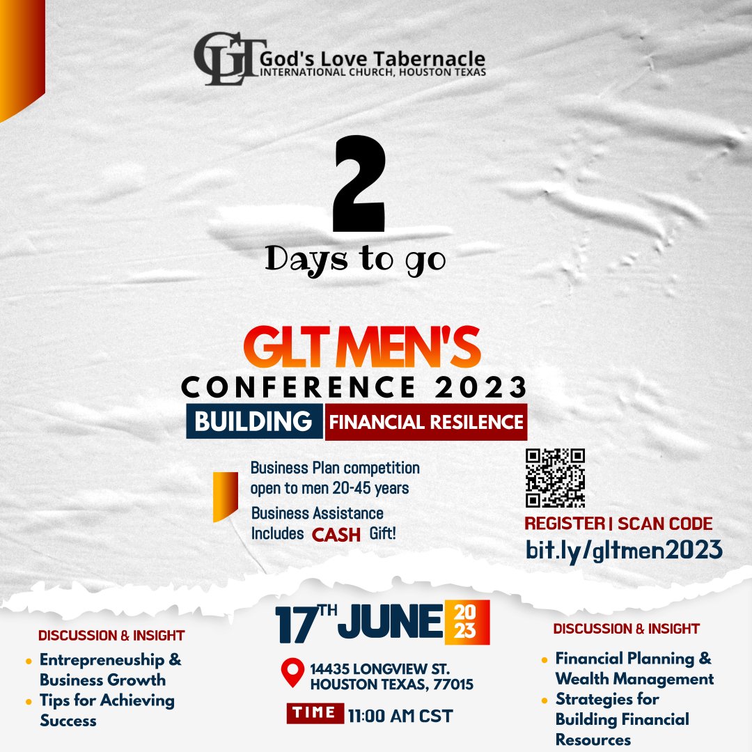 GLTHouston's tweet photo. 2 days to go🥳🥳
Join the GLT Men's Conference 2023 and level up your financial game! 💼🔥 
Register @ https://t.co/9rtUhknmmv 

Let's build financial resilience together 

#GLTMensConference2023! 💼🔑
#LevelUpYourFinances #EntrepreneurshipMastery https://t.co/6fSYreRtom