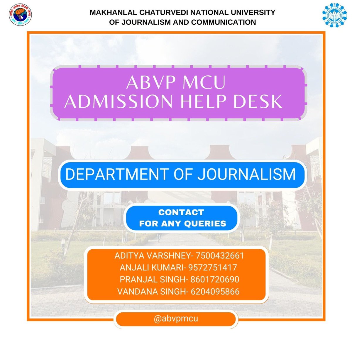 abvp_mcu's tweet photo. I still believe that if your aim is 2 change the world, journalism is a more immediate short-term weapon
-Tom Stoppard

Asia's oldest journalism university is here to teach you the best methods in journalism

@ABVPVoice @kg_suresh
#mcuadmission2023 #mcubhopal #abvpmcu #abvpforyou https://t.co/HgiNnaGGu4