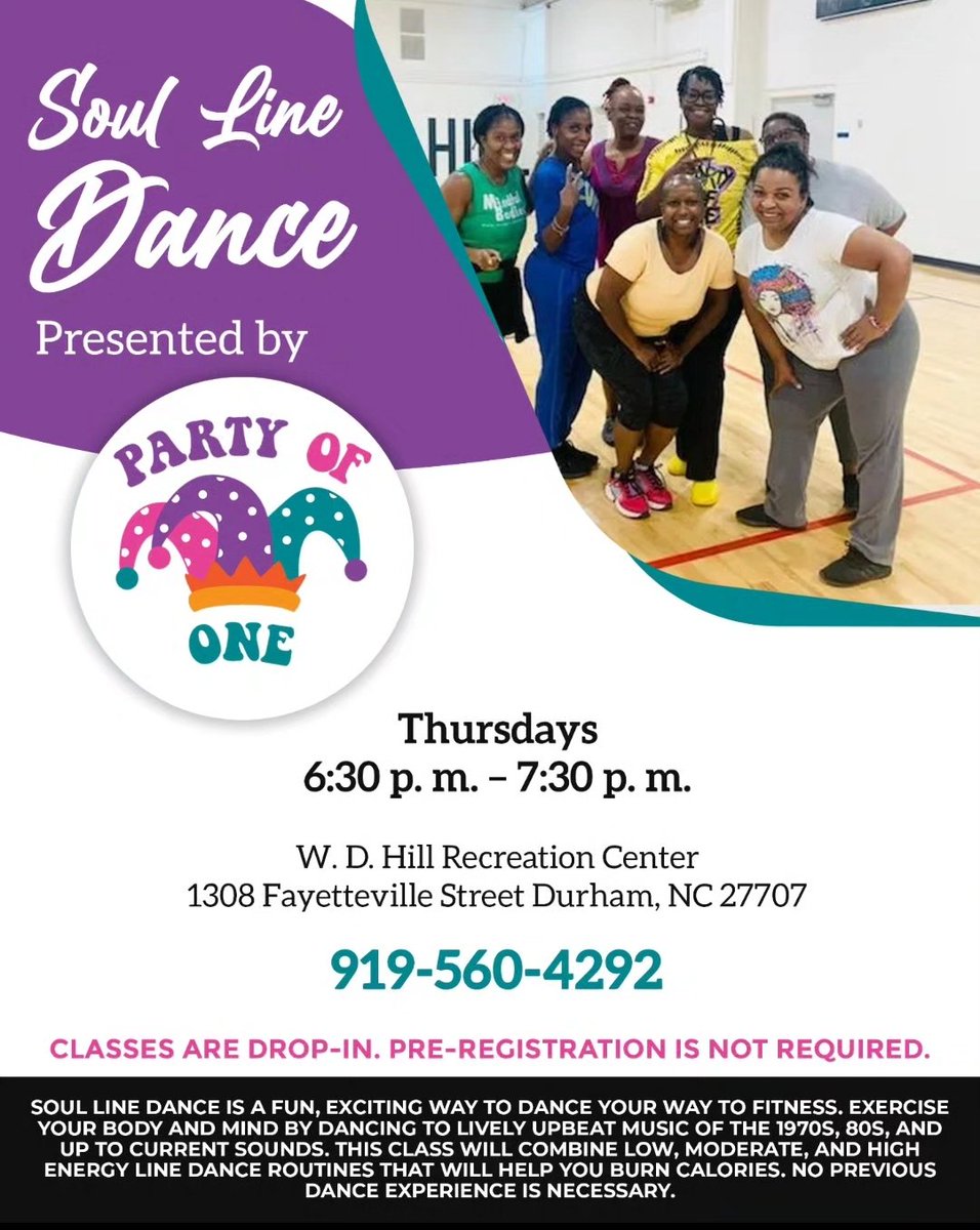 Join in the FUN‼ Learn beginner level soul line dances on Thursdays 6:30 pm at W. D. Hill Recreation Center 1308 Fayetteville St. Durham, NC. Bring a friend. 😊 #community #partyofone #bullcity  #linedance #exercise #socialize #durham #wdhillrecreationcenter