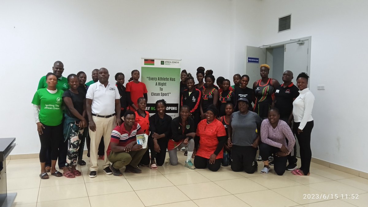 AntiDopingMW's tweet photo. Today, we engaged the Queens in an Anti-Doping Awareness Programme at Bingu National Stadium, who are in camp preparing for the Vitality Netball World Cup 2023 which will take place in Cape Town South Africa from the 28th of July.
#TogetherForCleanSport #MalawiQueens https://t.co/GZQG6lwbY9