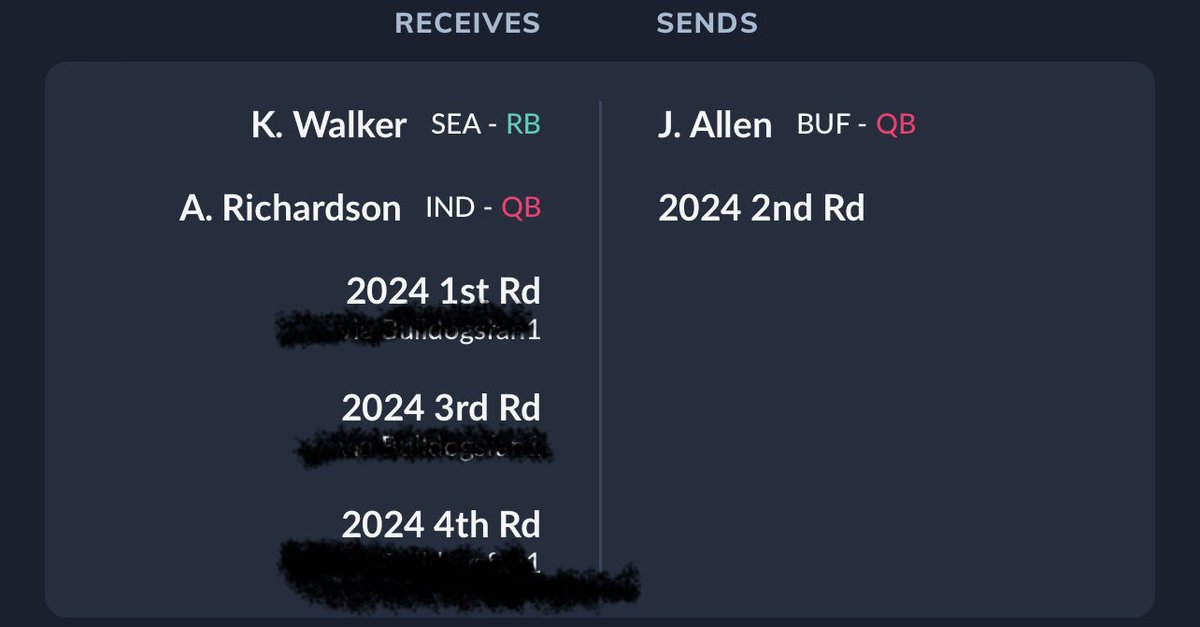 HornerJD's tweet photo. @TylerFFCreator was offered the first in a 2QB league. Contemplating countering with the second. Am I asking for enough in return? Trade would give him Herbert/Allen and leave me with ARichardson/BYoung/Goff. Rest of my team is fairly stacked. Just looking for thoughts https://t.co/oqpVdK0Umj