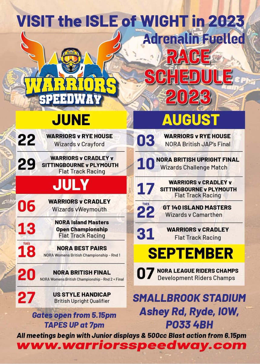 7 days until blast off

15 races Warriors V Rockets
6 races Wizards V Kestrels
 6 Youth races minimum.

Entry Adults £13 concessions £10, 16 and under free.

<a href="/smallbrookstad/">Smallbrook Stadium</a> June 22nd gates open 5.15pm parade 6.45pm

Don’t miss it 

#Forthefans #thewarriorway