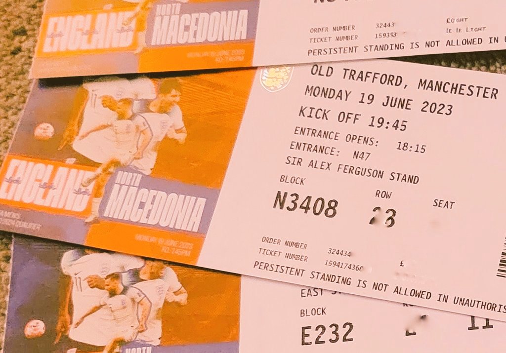 England vs North Macedonia 

Blocks E232 and N3408, FV £65. 
£40 each, paper tickets.

Meet and cash or PayPal and next day delivery if quick