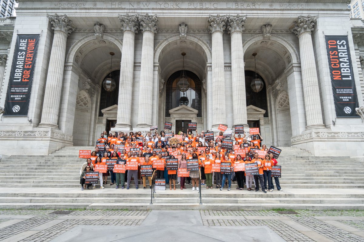 The New York Public Library staff say #NoCutsToLibraries! @NYCMayor and @NYCCouncil, library funding is essential! New Yorkers need the vital services our libraries provide. on.nypl.org/3X8dc82