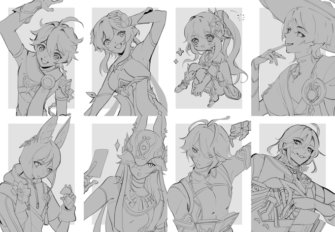 remember when i asked which genshin charas to draw for postcards? this the final lineup 🥳 sumeru gang wooooo