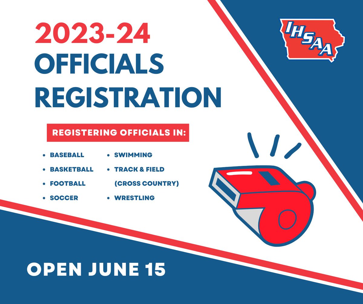 IHSAA's tweet image. Registration is now open for officiating in 2023-24! If you care about school sports in Iowa, please consider becoming a varsity or subvarsity official for the upcoming school year. 
📣iahsaa.org/officials/beco…