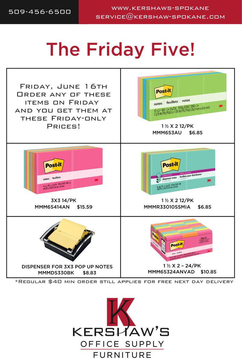 Announcing the FRIDAY FIVE! On upcoming select Thursdays, we'll publish a flyer with five discounted items good on Friday orders only. Call us to order, or head to our website and search by the item number. shop.kershaws-spokane.com