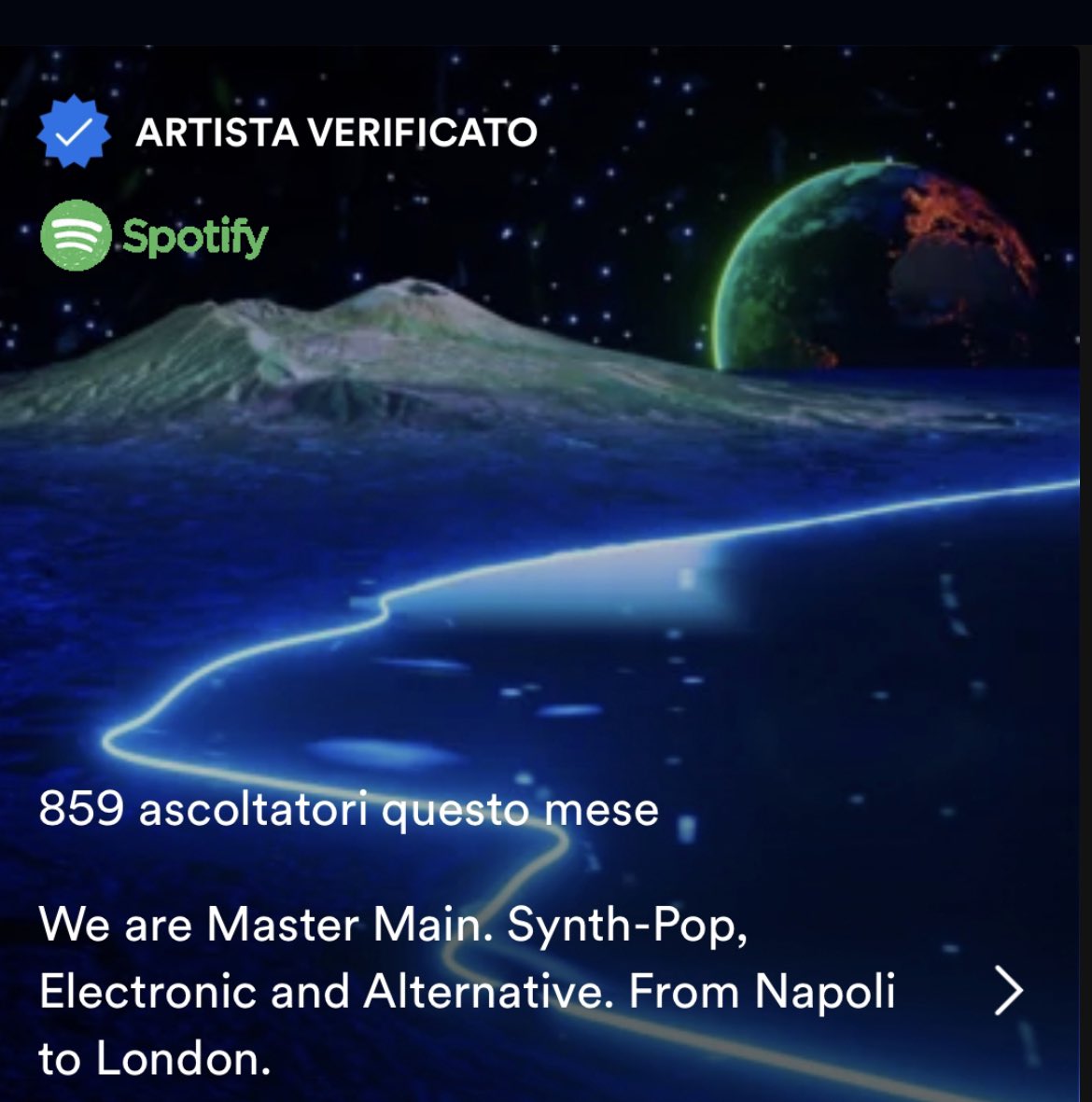 From Napoli to London through the World 🌎 
.
Follow us on Spotify… more news coming soon!
.
🔗: open.spotify.com/artist/1nbHe9j…
.
#MasterMain #MasterMainMusic #Napoli #Vesuvio #CittàdiNapoli #napolidavivere #music #electronicmusic #synthpop #discomusic #spacebayofnaples #Stars #Spotify