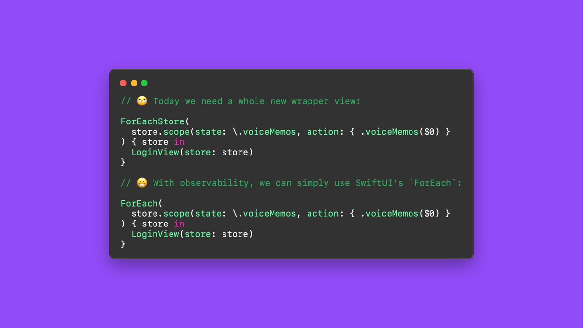 pointfreeco's tweet photo. With observability and macros, we couldn’t be more excited for the future of the Composable Architecture.

We will be able to get rid of a whole suite of custom views and rely instead on the tools that come with Swift and SwiftUI!

👋 IfLetStore
👋 ForEachStore
👋 SwitchStore https://t.co/RzWzNKiTg2