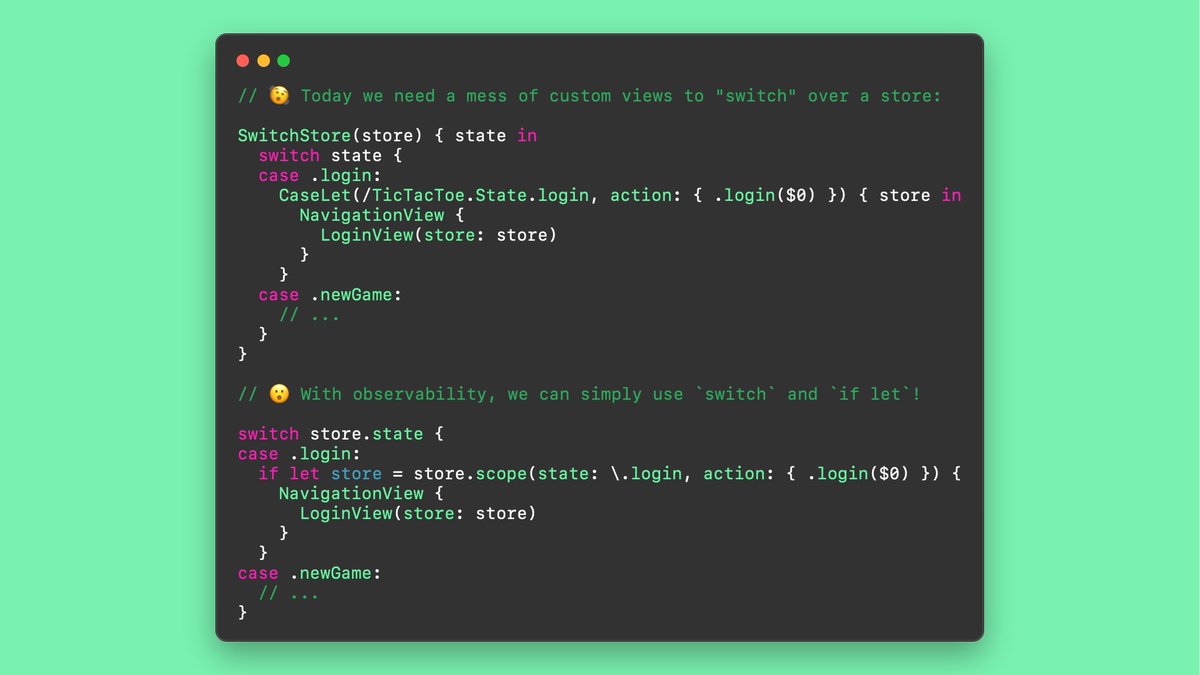 pointfreeco's tweet photo. With observability and macros, we couldn’t be more excited for the future of the Composable Architecture.

We will be able to get rid of a whole suite of custom views and rely instead on the tools that come with Swift and SwiftUI!

👋 IfLetStore
👋 ForEachStore
👋 SwitchStore https://t.co/RzWzNKiTg2