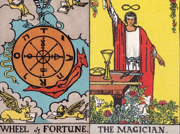 workin on our tarot project today, wheel of fortune + the magician 