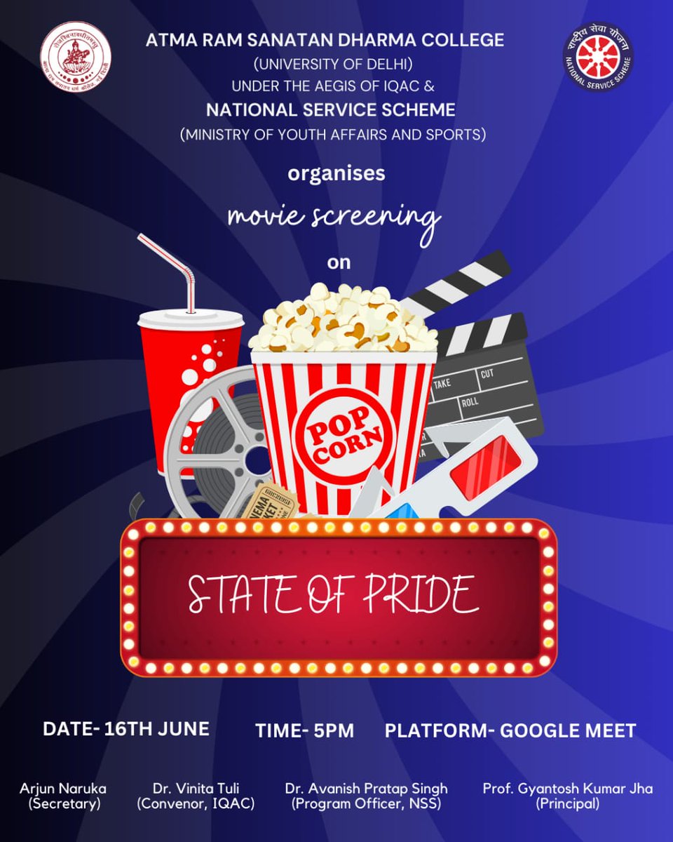 ArsdNss's tweet photo. NSS ARSD is organising an online screening on "State Of Pride".
 It is a colourful and fantastic celebration of sexual diversity of people.

🗓 : 14 June 2023
⏰ : 5 pm
📍 : Google meet https://t.co/yRgFpmz223