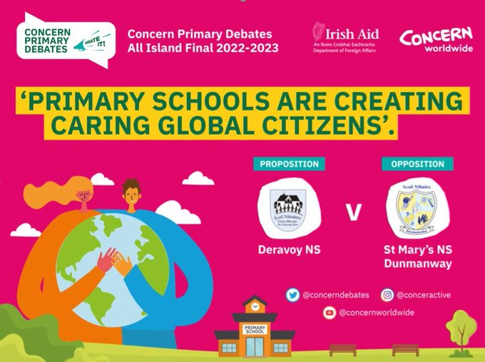 On now @ConcernDebates  All Island Primary Debates Final @TheHelixDublin Motion: '#PrimarySchools are creating caring Global citizens' youtube.com/watch?v=PiSb9G… Great inputs from teams Deravoy NS @deravoyns & St Mary's GNS Dunmanway Cork @Concern @Irish_Aid @Comhlamh @iiea @SDG2030