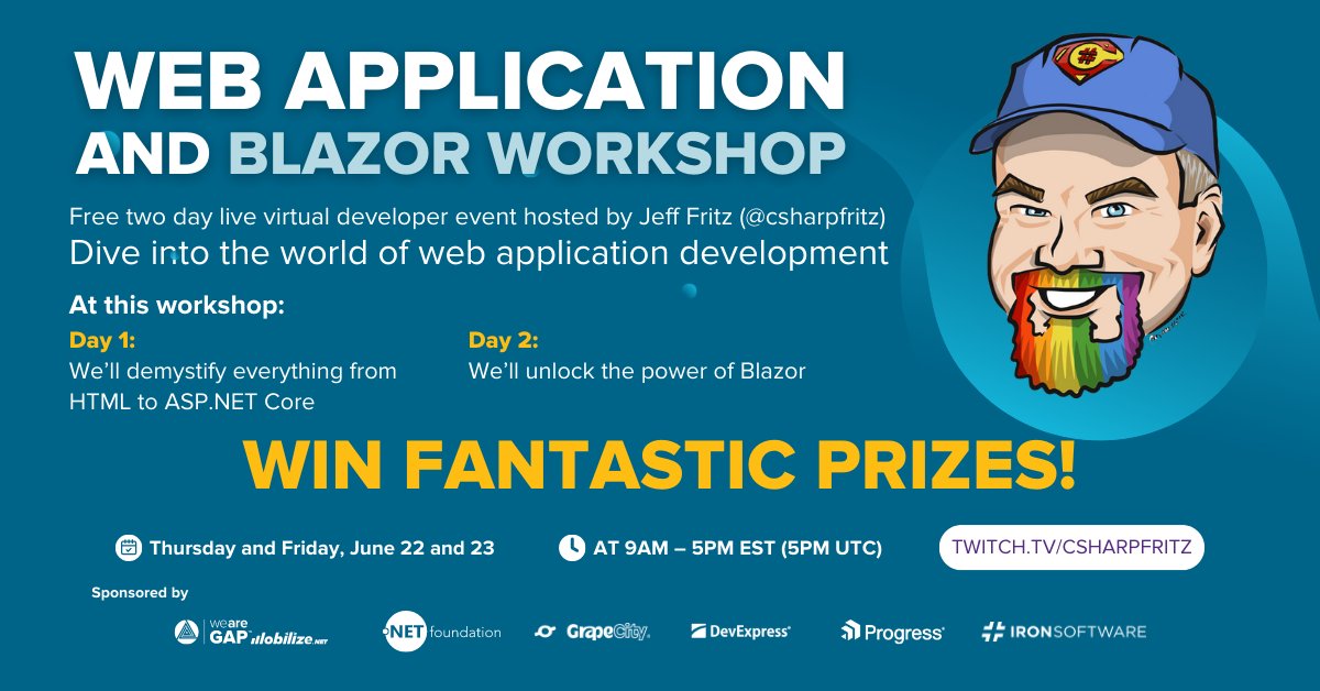 Telerik's tweet photo. Welcome to the world of web development with @csharpfritz's Web application &amp; #Blazor Workshop! 

It's an easy breezy way to start with the basics, get familiar with building blocks like #HTML, #CSS &amp; #JavaScript &amp; dive into Blazor!

See when &amp; where: https://t.co/ntTdaxx0pw https://t.co/GDW53Vblee