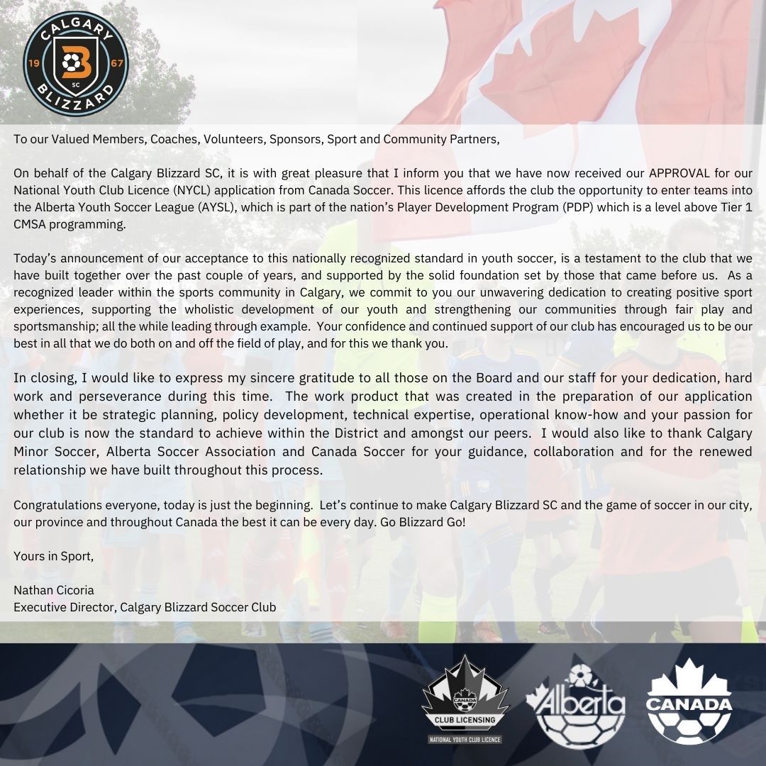 📣We at Calgary Blizzard SC are elated to announce that we have been granted the Canada Soccer National Youth Club License 🇨🇦We are excited about the unique opportunity to collaborate both provincially & nationally to continue to grow the game 🇨🇦⚽️🍁@canadasoccer @albertasoccer